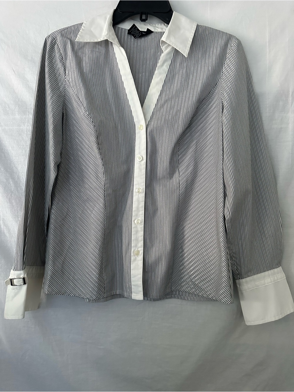 Women's Alfani Shimmer Pinstripe Blouse Metallic Hardware Cuff Size 6